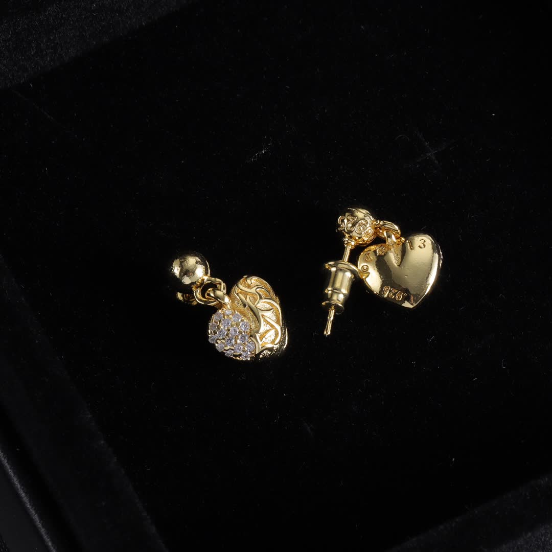 Chrome Hearts Gold Heart Stud Earrings with Diamond Accents